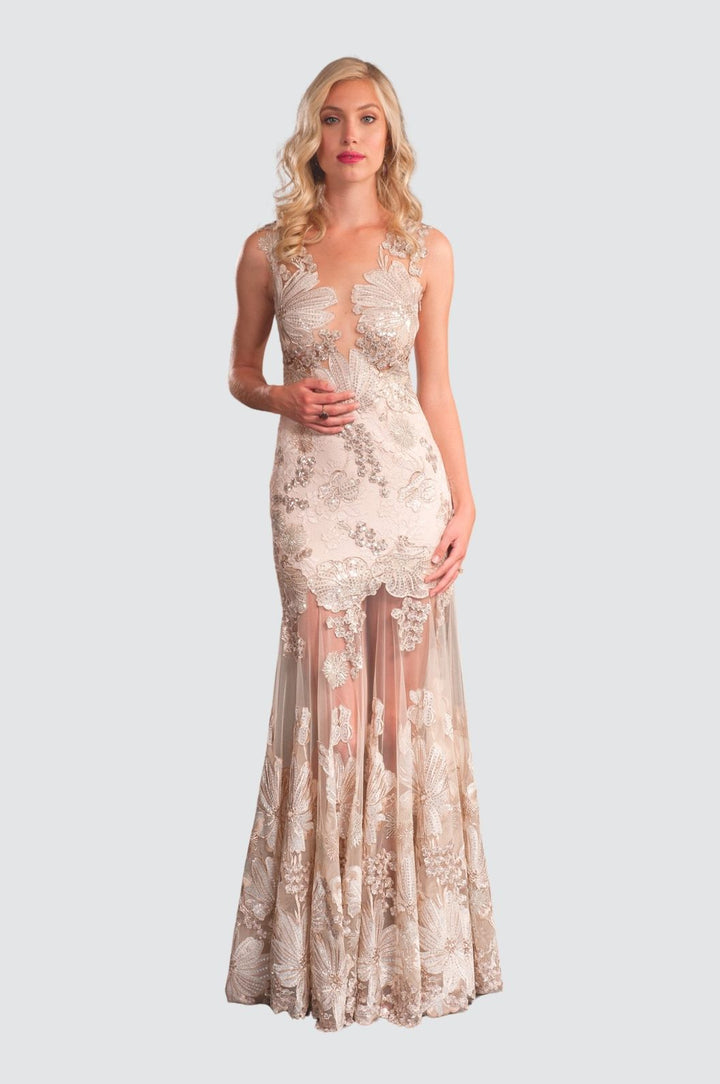 Elegant Lace Gown with Floral Embroidery