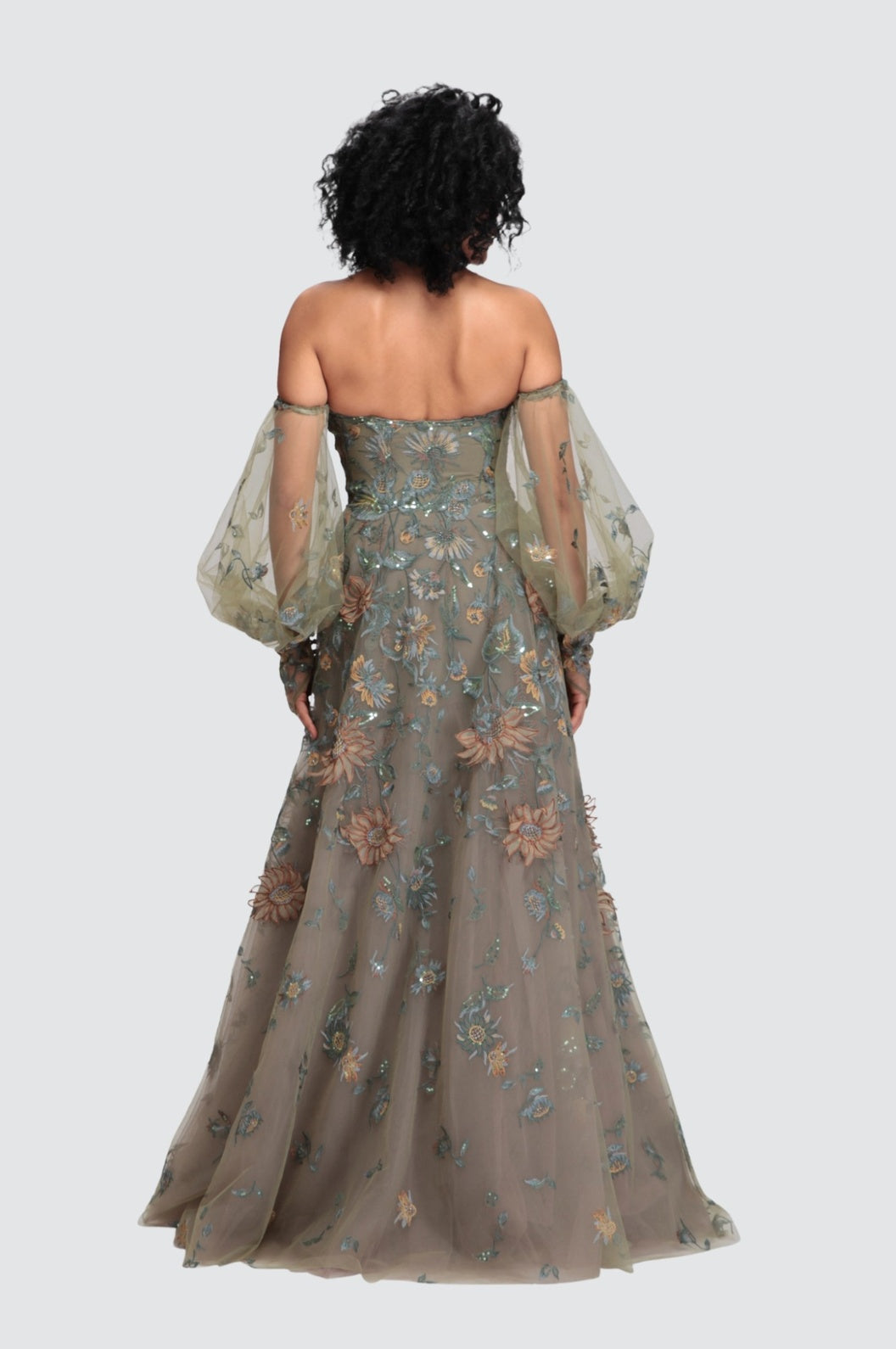 Off-Shoulder Gown with Detachable Puff Sleeves