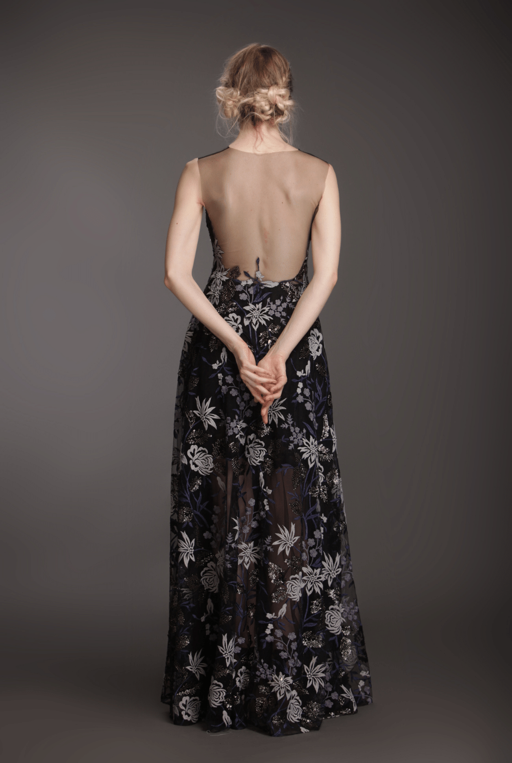 Illusion neckline appliqué flare gown-1