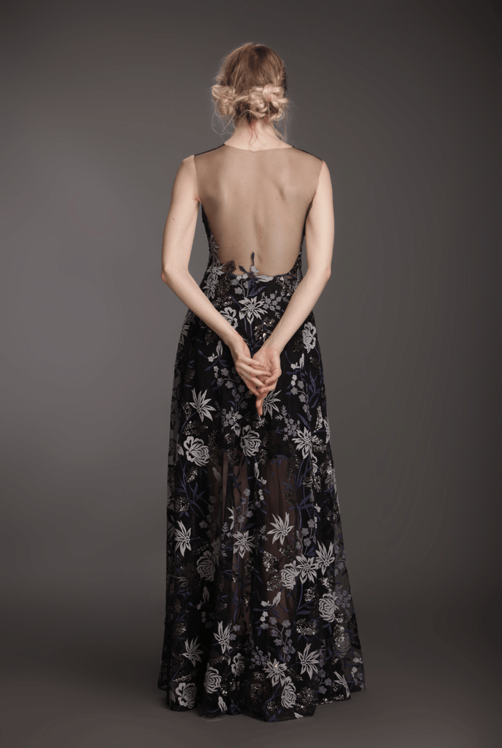 Illusion neckline appliqué flare gown-1