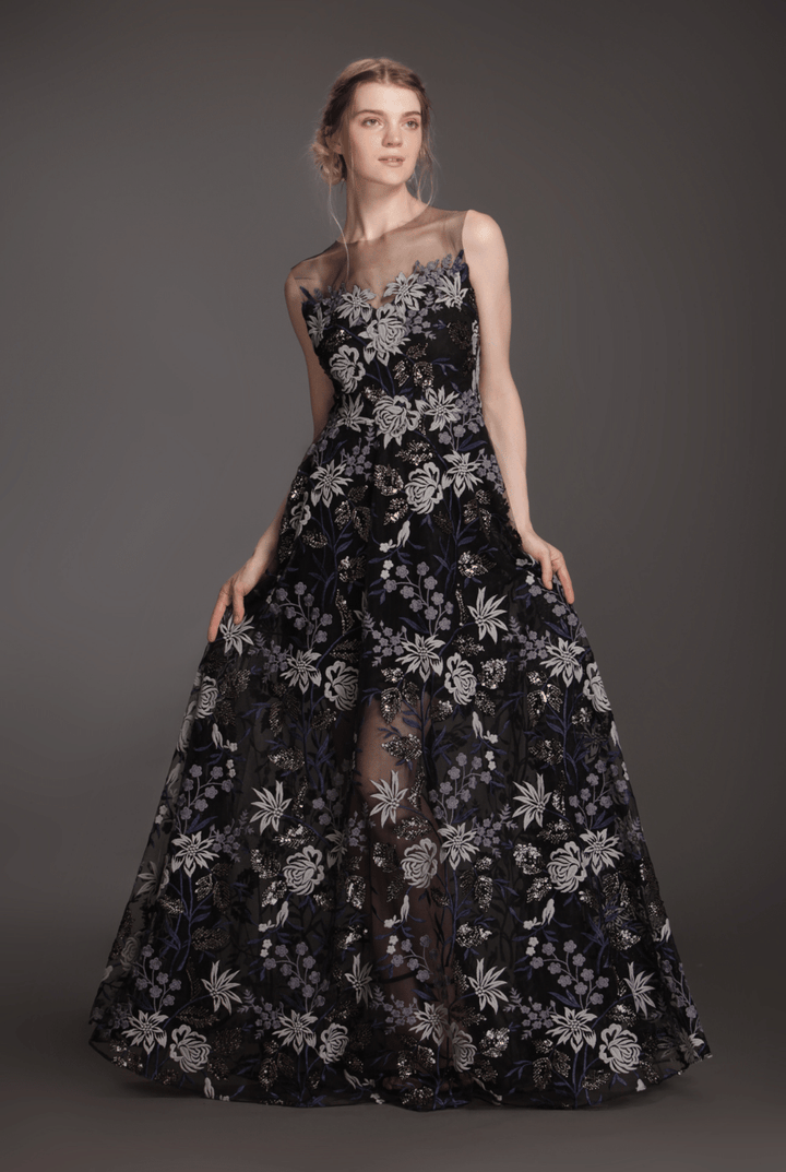 Illusion neckline appliqué flare gown-0
