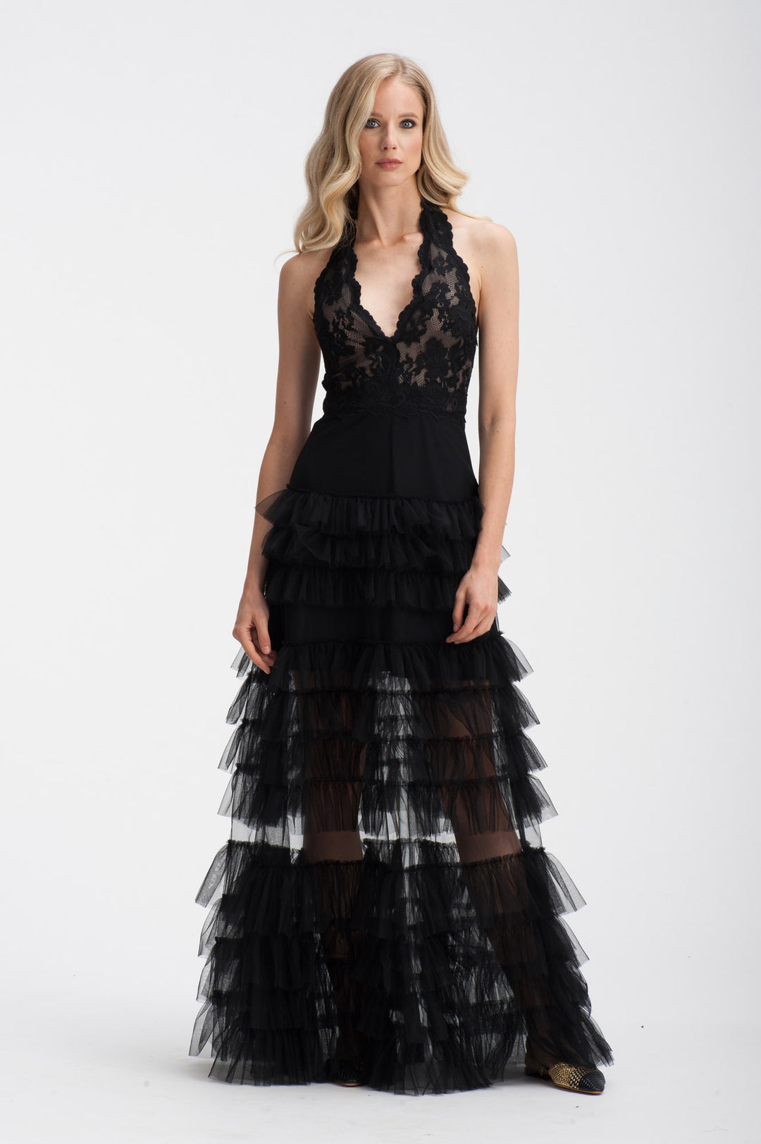 Black Lace & Tulle A-Line Gown-0
