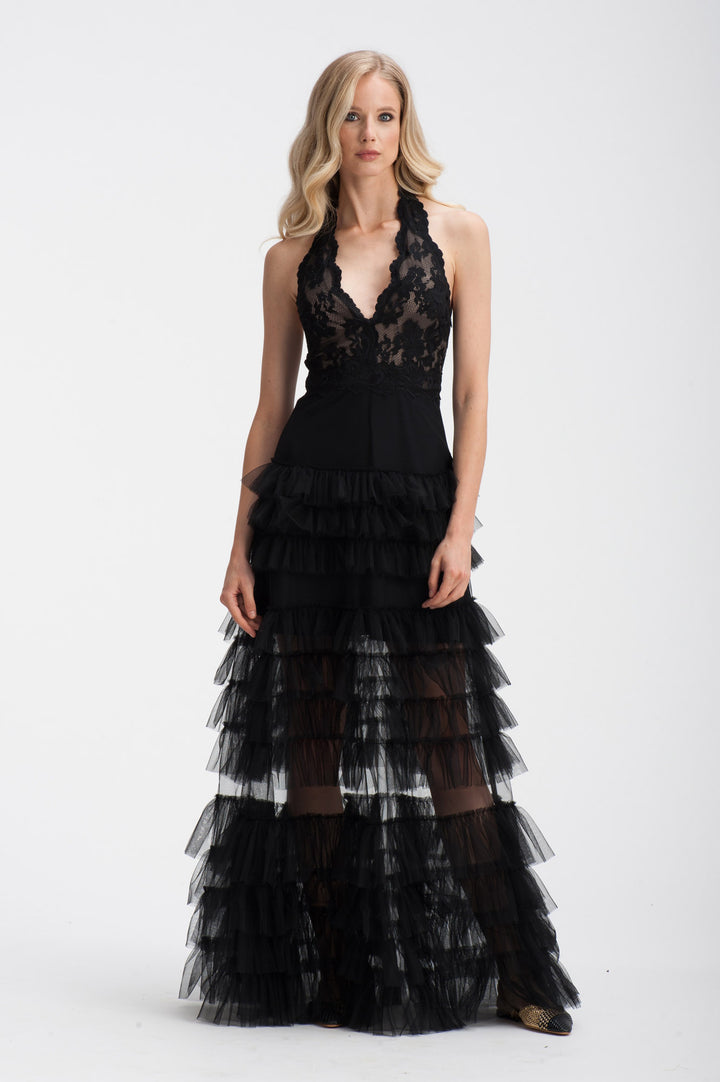 Black Lace & Tulle A-Line Gown-0