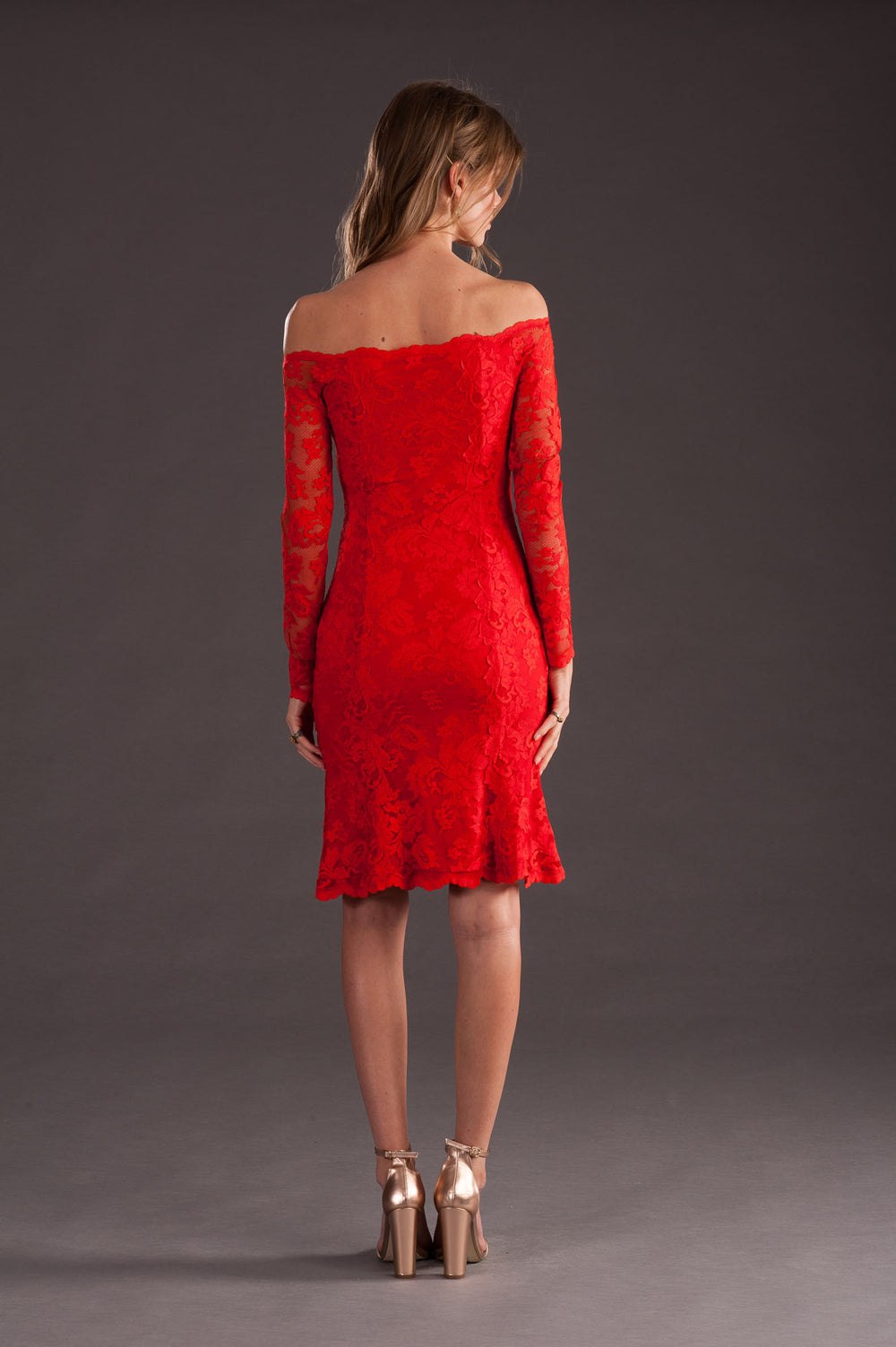 Elegant Red Off-Shoulder Lace Dress-1