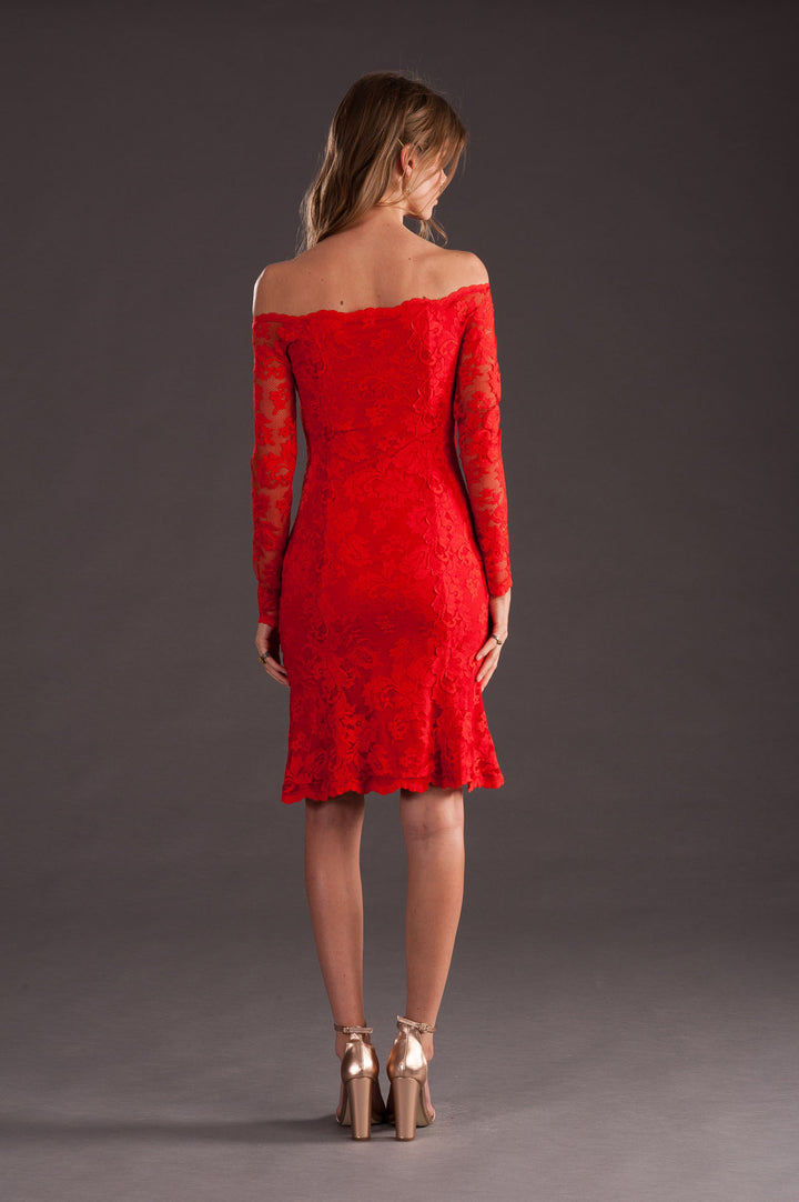 Elegant Red Off-Shoulder Lace Dress-1