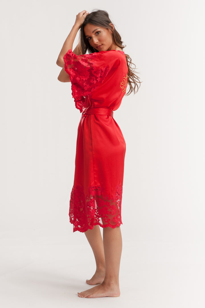 Red Lace Loungewear Robe with Belt-2