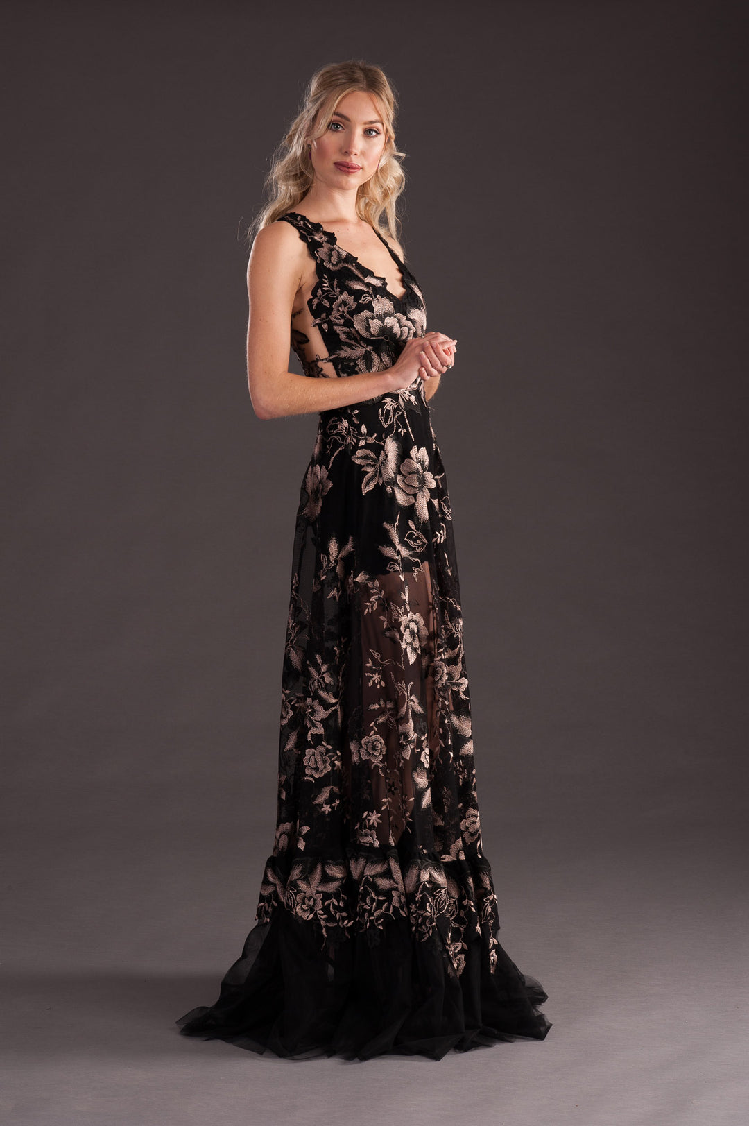 Black Gown with Gold Floral Print-0