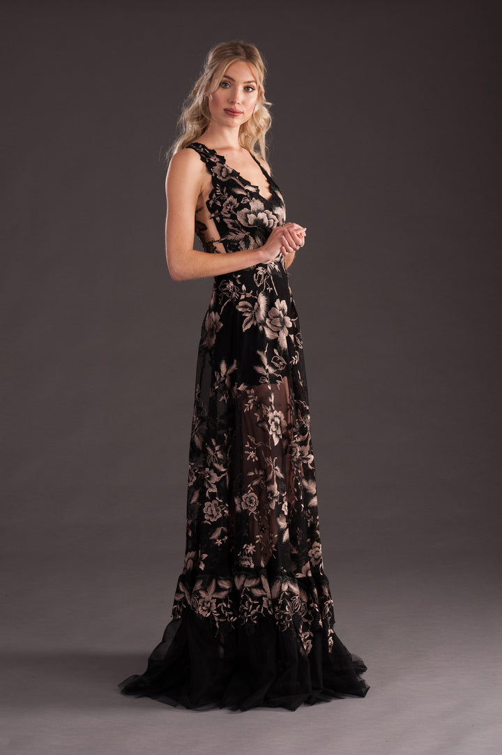 Black Gown with Gold Floral Print-0