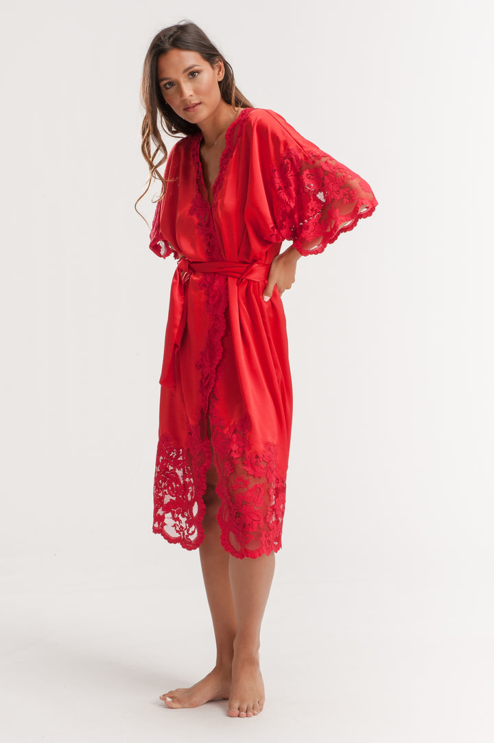 Red Lace Loungewear Robe with Belt-3