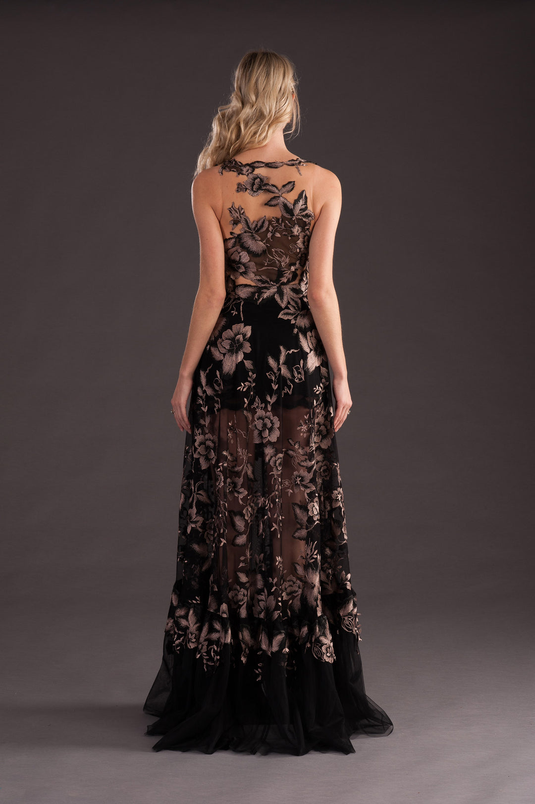 Black Gown with Gold Floral Print-2