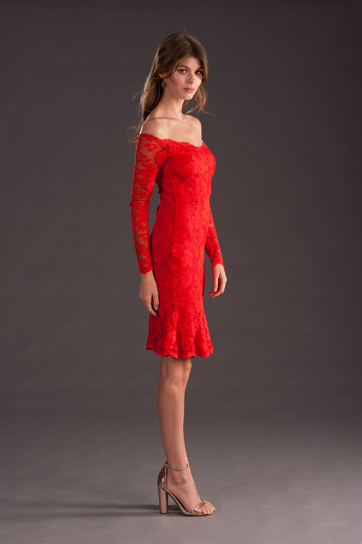 Elegant Red Off-Shoulder Lace Dress-2