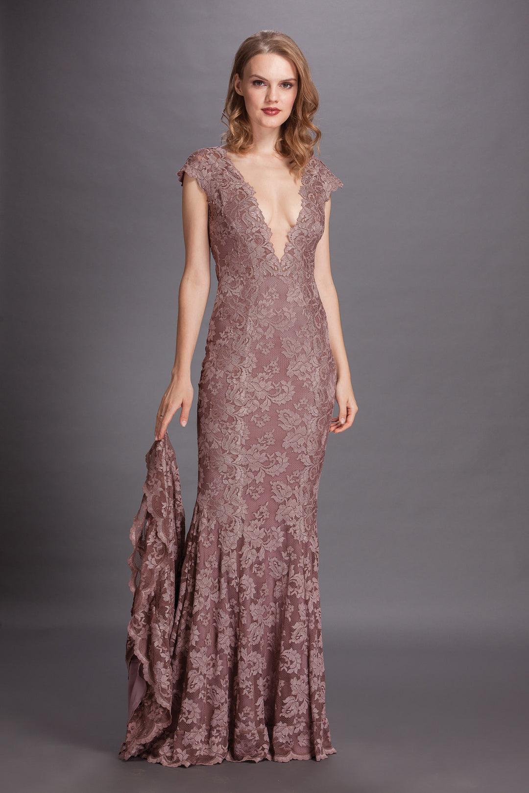 Classic V-Neck Fit n' Flare Gown with Long Trail-0