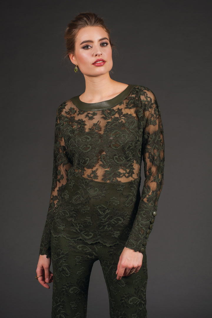 Lace Top with Round Leather Neckline-0