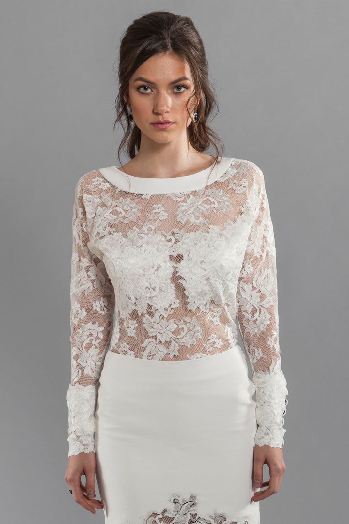 Lace Top with Round Leather Neckline-2