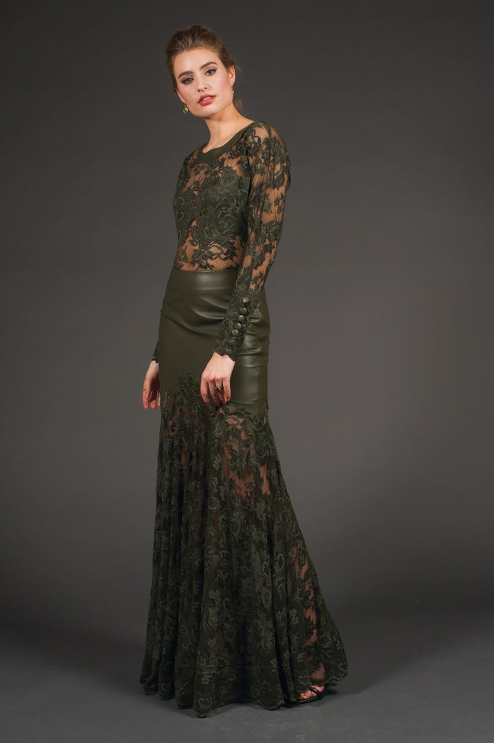 Lace Top with Round Leather Neckline-1