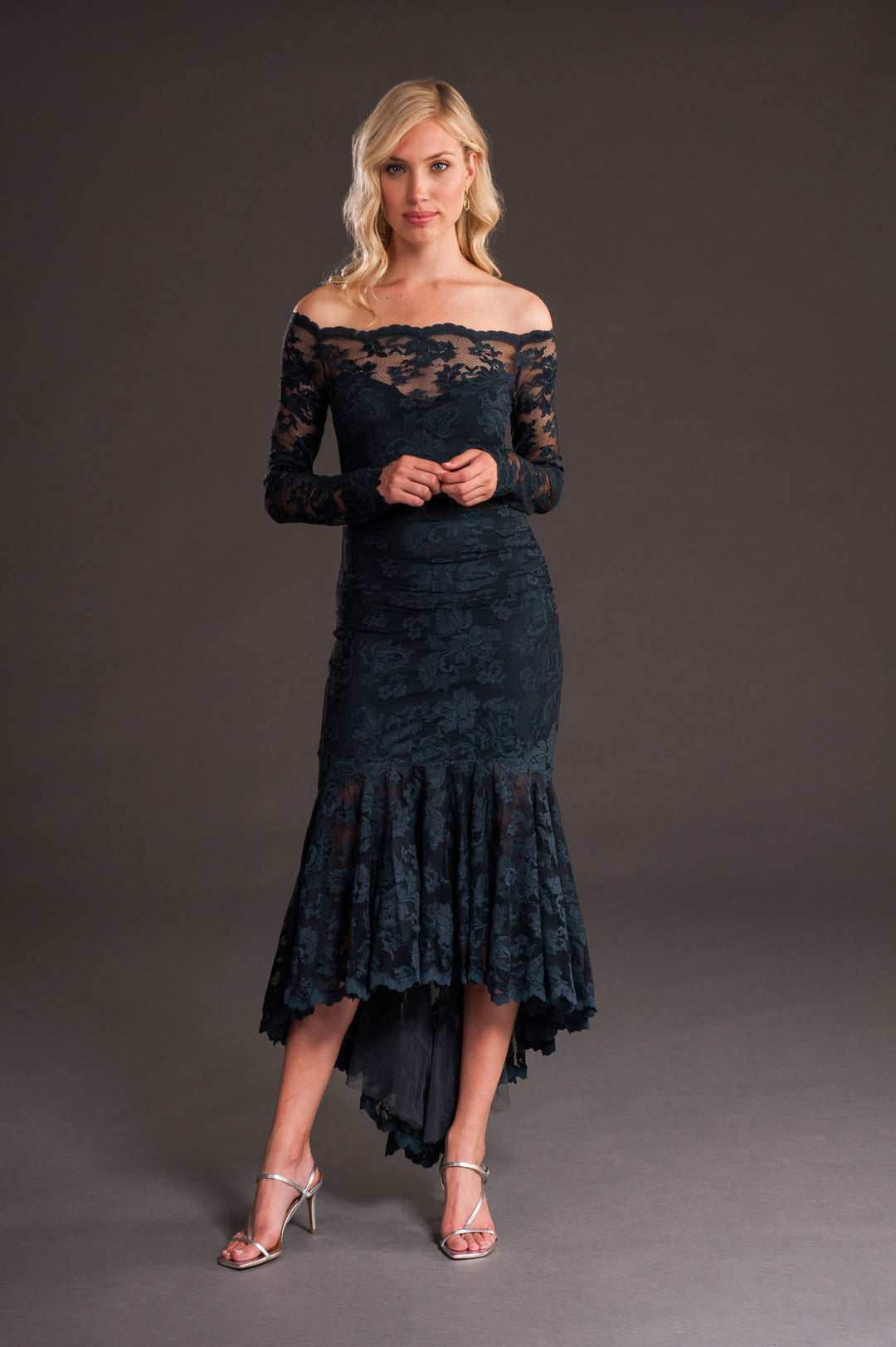 Off-Shoulder High Low Lace Dress-0