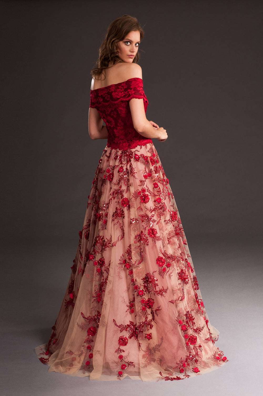 Bi-colour off-shoulder long gown-1
