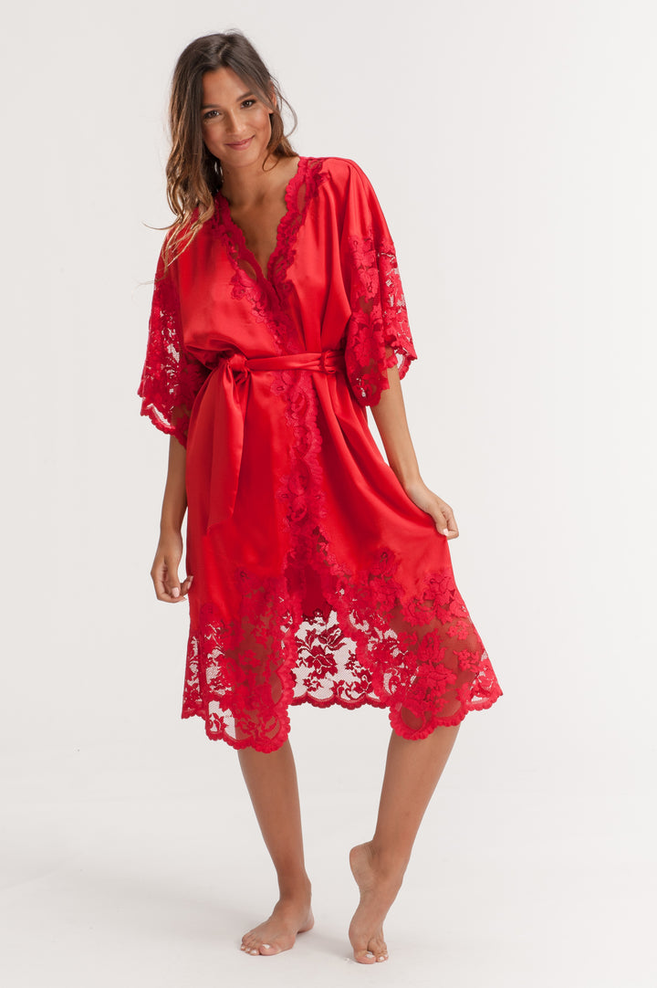 Red Lace Loungewear Robe with Belt-0