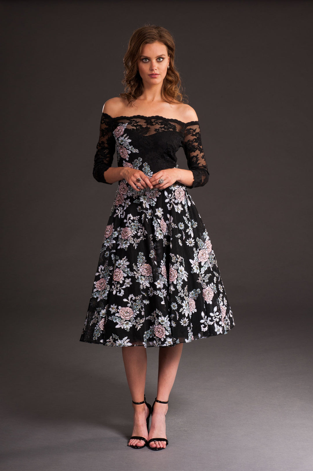 Black Floral Puffy Dress-0