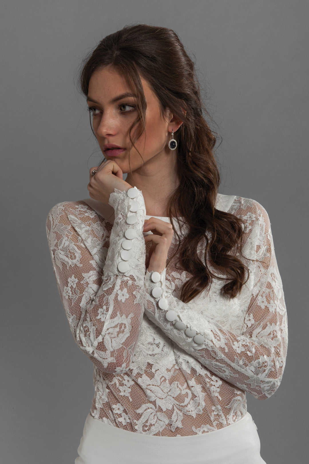 Lace Top with Round Leather Neckline-4