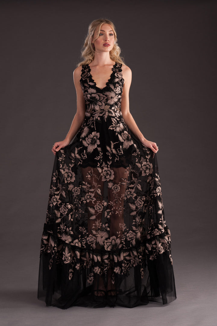 Black Gown with Gold Floral Print-1
