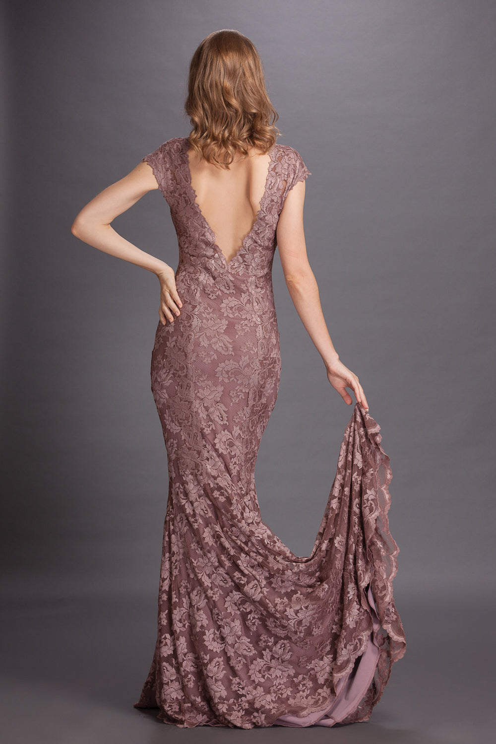 Classic V-Neck Fit n' Flare Gown with Long Trail-1