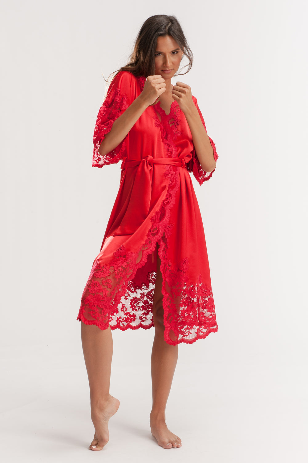 Red Lace Loungewear Robe with Belt-1