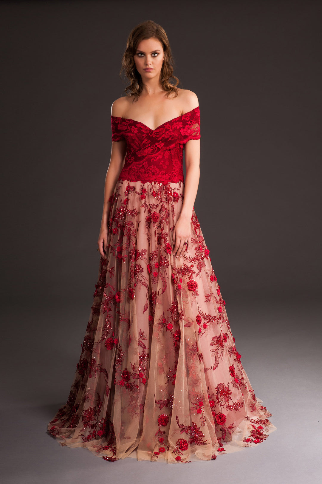 Bi-colour off-shoulder long gown-0
